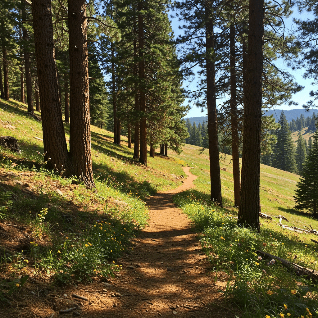 Forest hiking trail at Star Valley Ranch surrounded by pine trees and mountain views